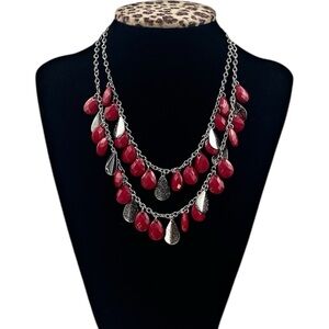 Red teardrop and silver charm layered statement necklace​